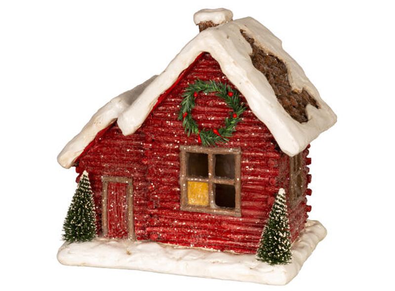 Hus jul LED rød m/snø, 21 x 14,5 x 19,7 cm