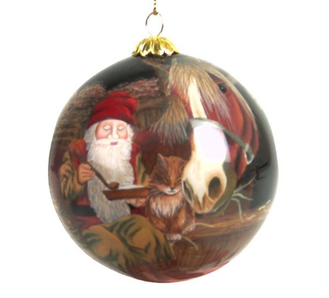 Hovedbilde Julekule, håndmalt, Nisse på låven