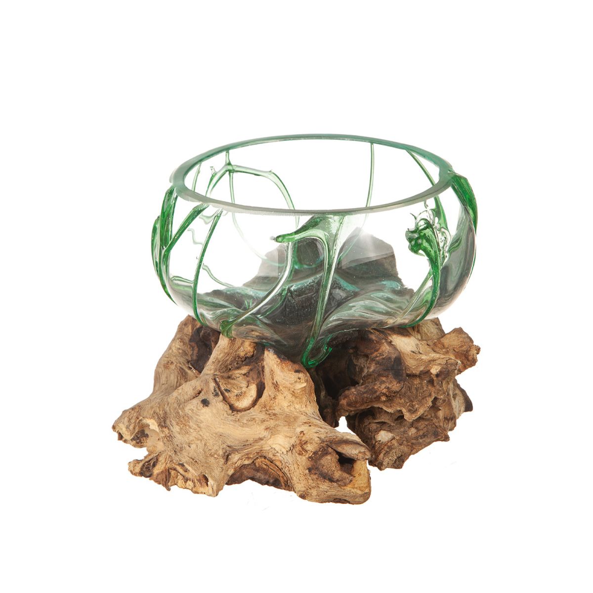 Glasskål på trädrot 15 cm grønt glass 