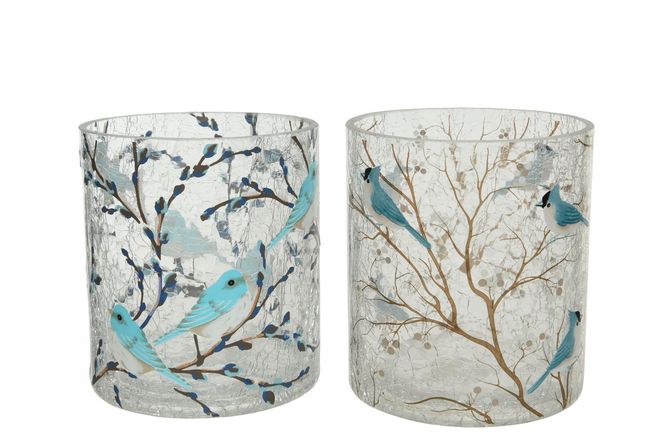Hovedbilde Telysestake krakelert glass, blå fugler, ass.